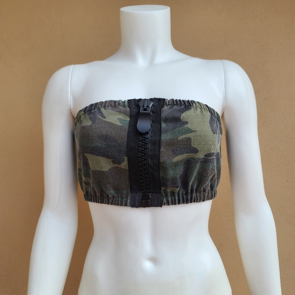 Fashion Nova Camo Oversized Zipper Front Tube Top XS Crop Denim Cotton - Picture 14 of 14
